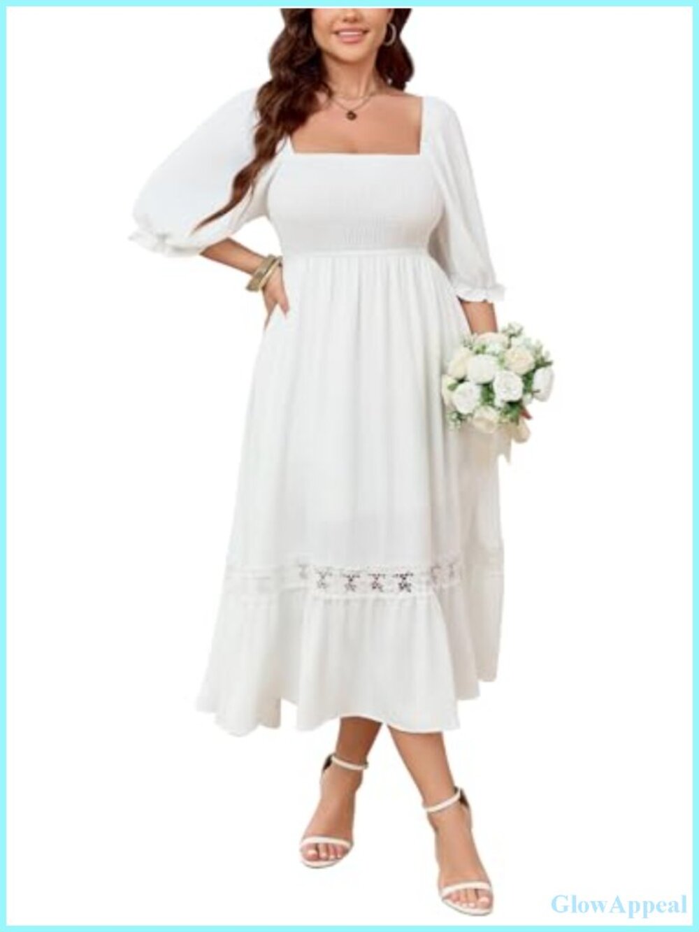 Plus Size Boho Maxi Dress Square Neck Flounce Sleeve Smocked